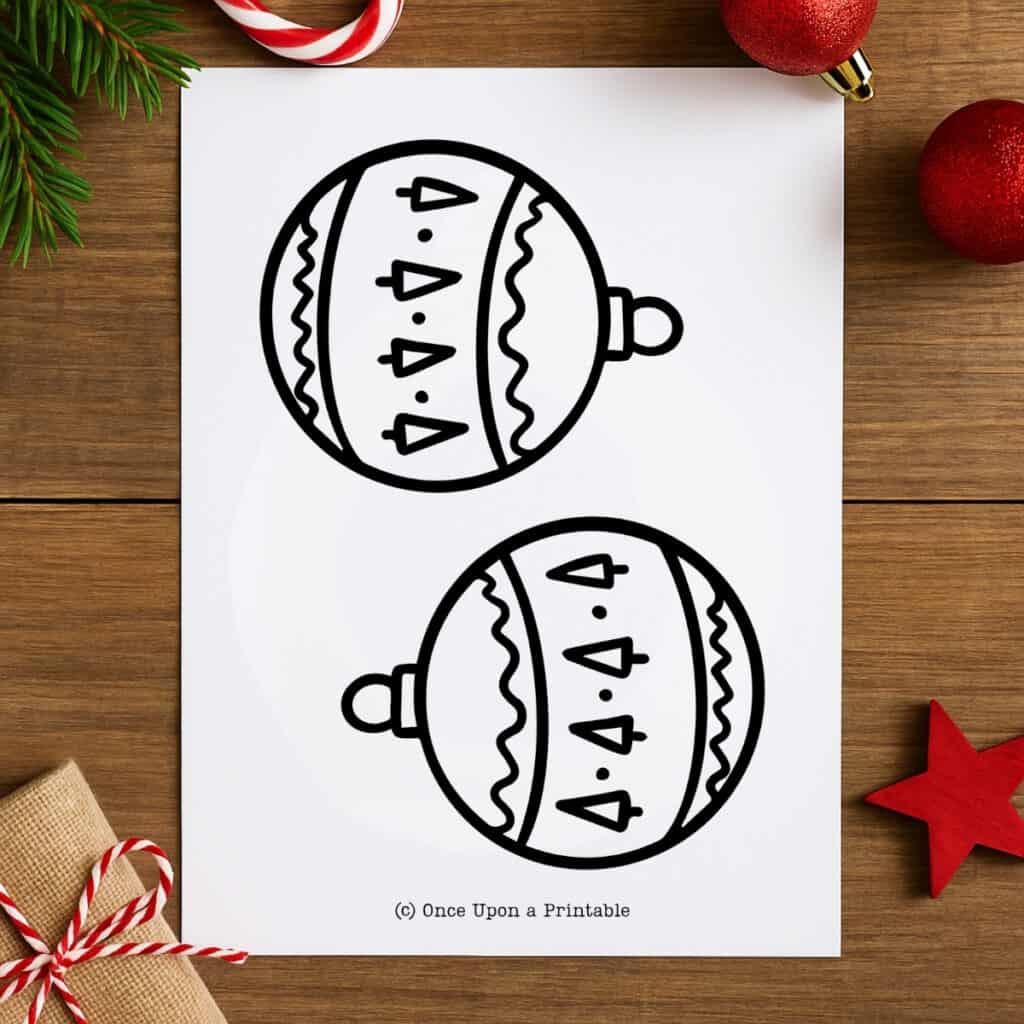 Christmas ornament template printable with two decorated ornaments.