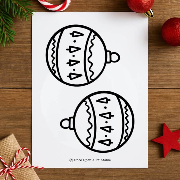 Christmas ornament template printable with two decorated ornaments.