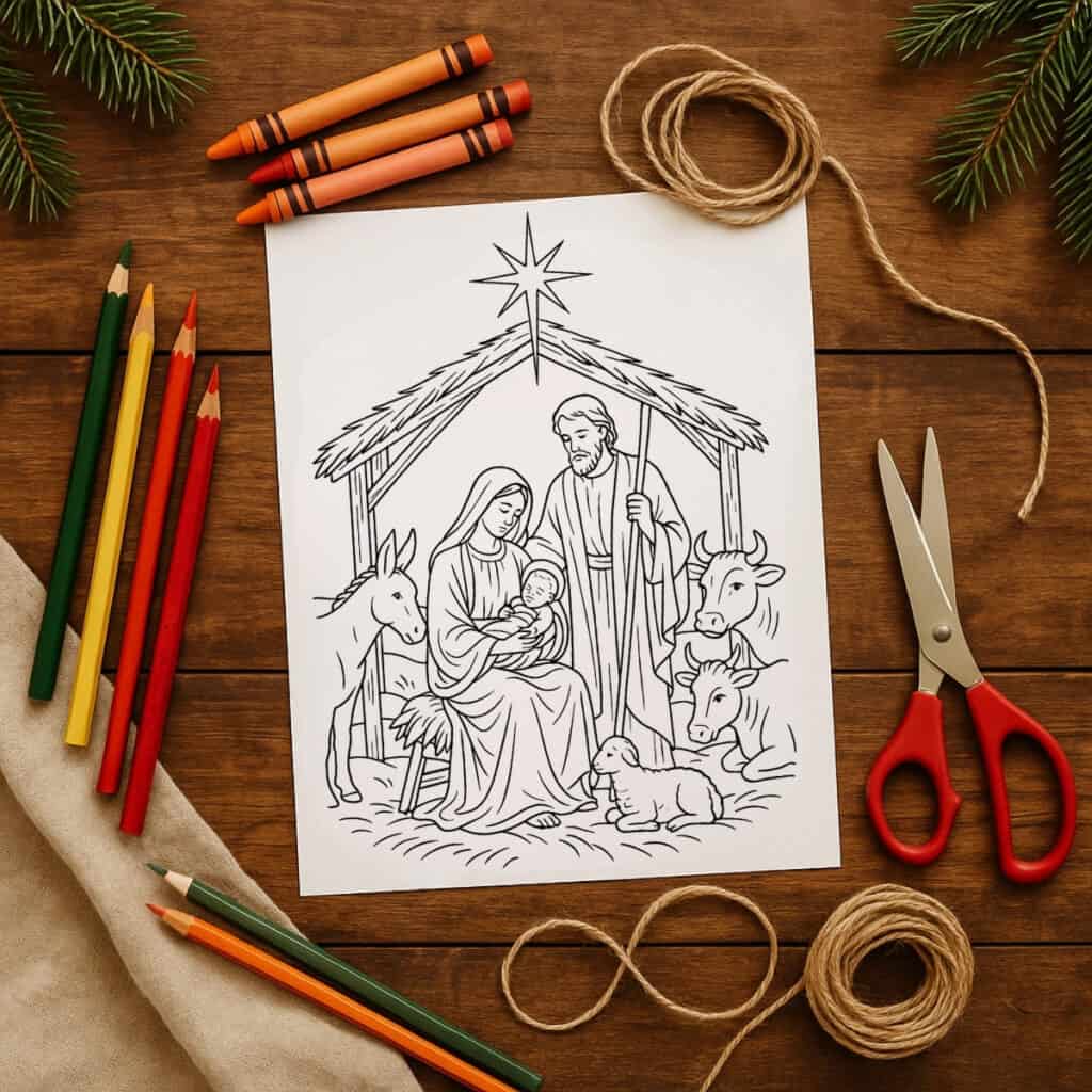Nativity coloring pages with the holy family and animals in a stable.