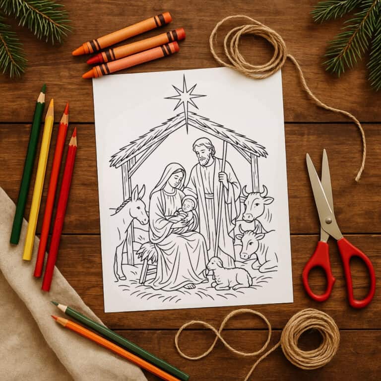 Nativity coloring pages with the holy family and animals in a stable.