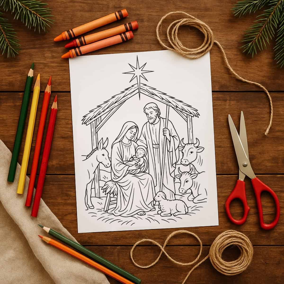 Nativity coloring pages with the holy family and animals in a stable.