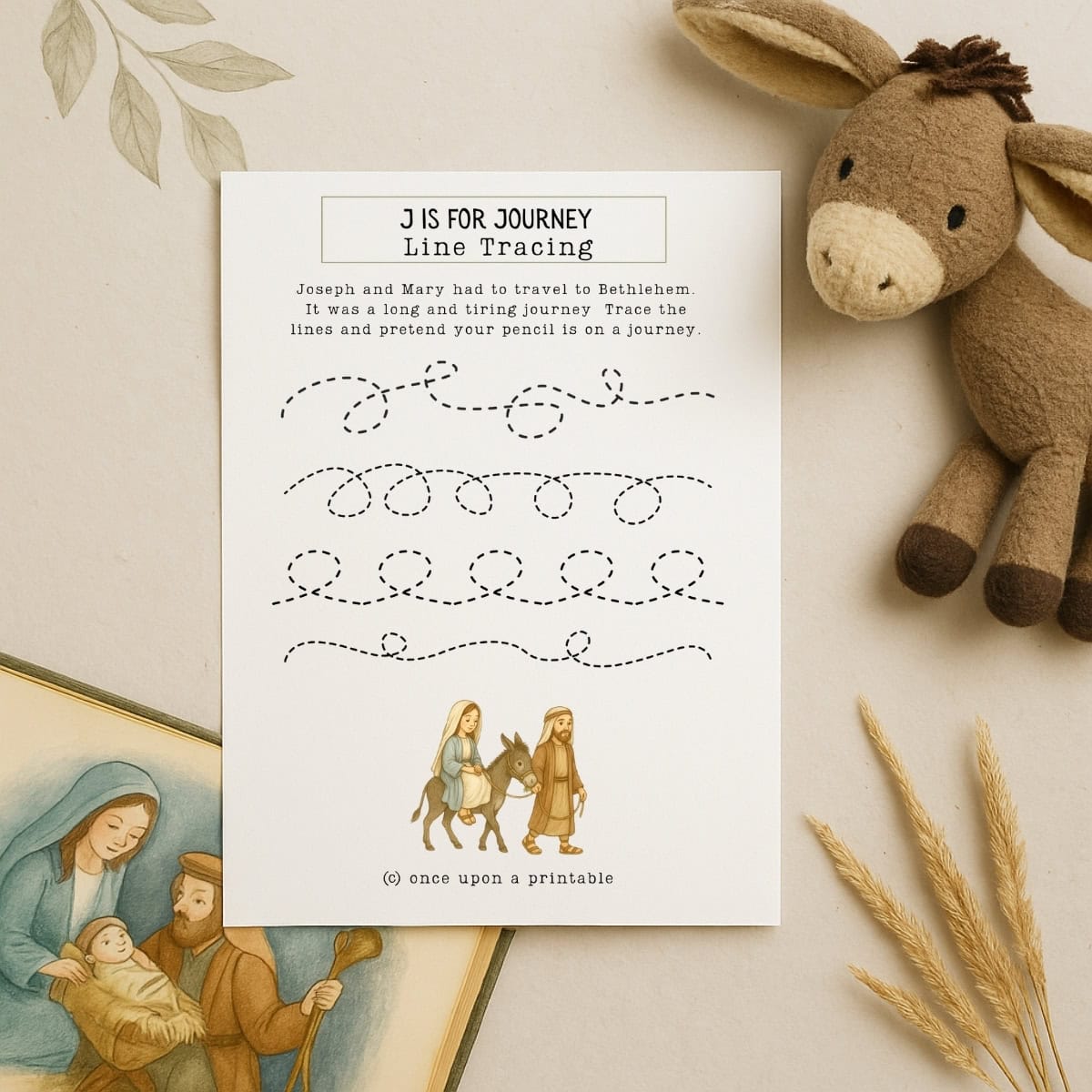 Nativity worksheet printables with line tracing.