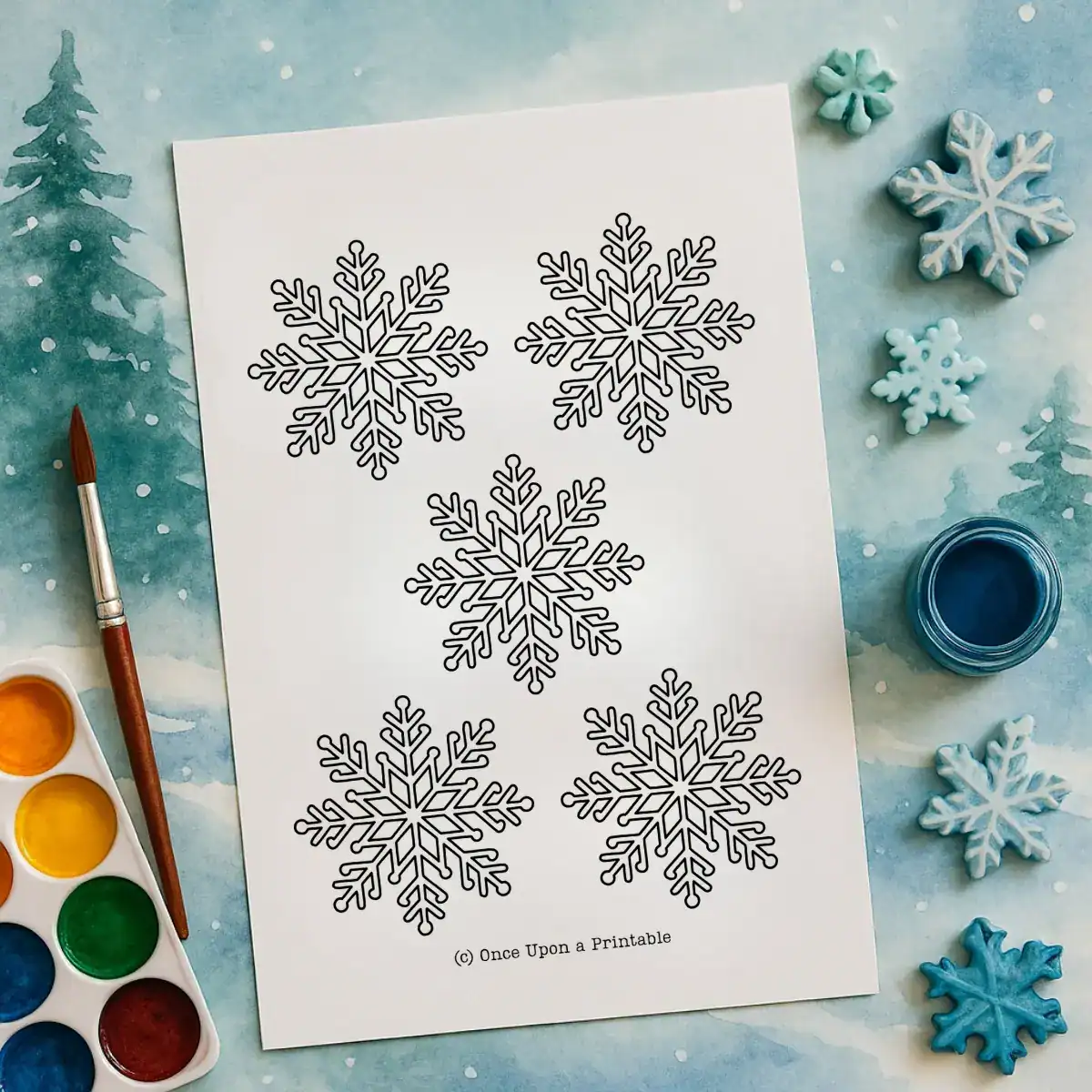 Snowflake template printable with five snowflakes.