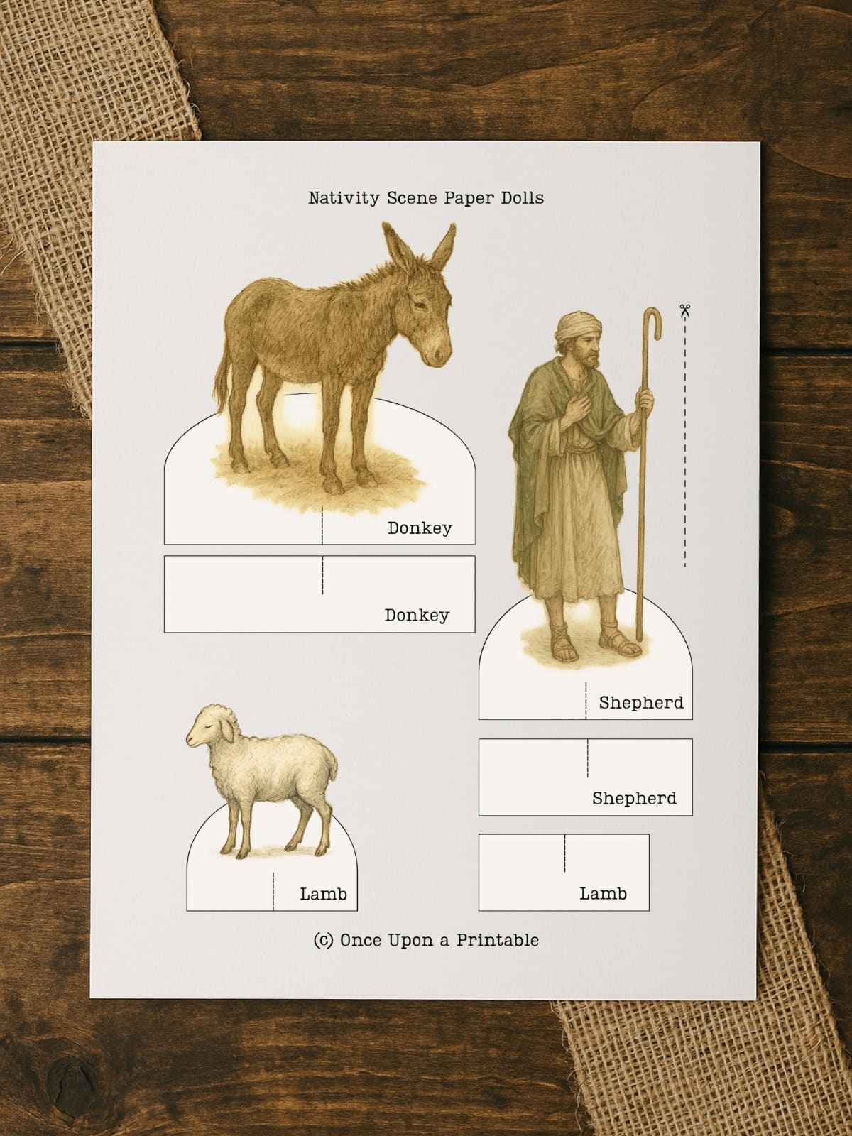 Donkey, Sheep, and shepherd printable nativity scene paper dolls. 