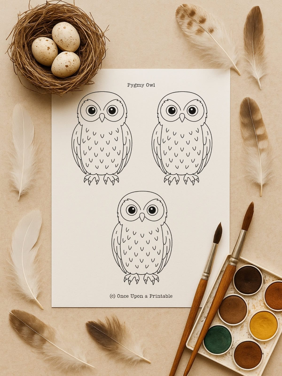 Pygmy Owl template with three little owls on a page.