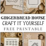 Gingerbread house craft with printable pages of houses and decorations.