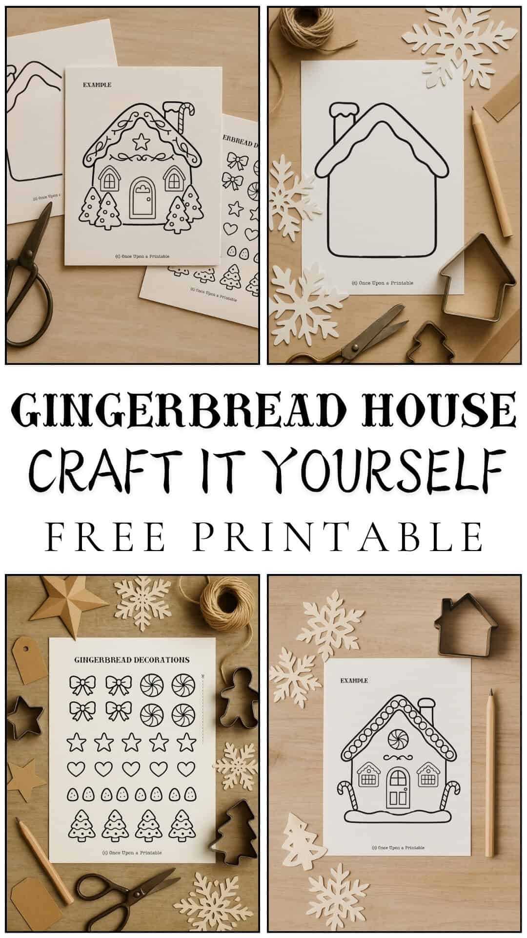 Gingerbread house craft with printable pages of houses and decorations.