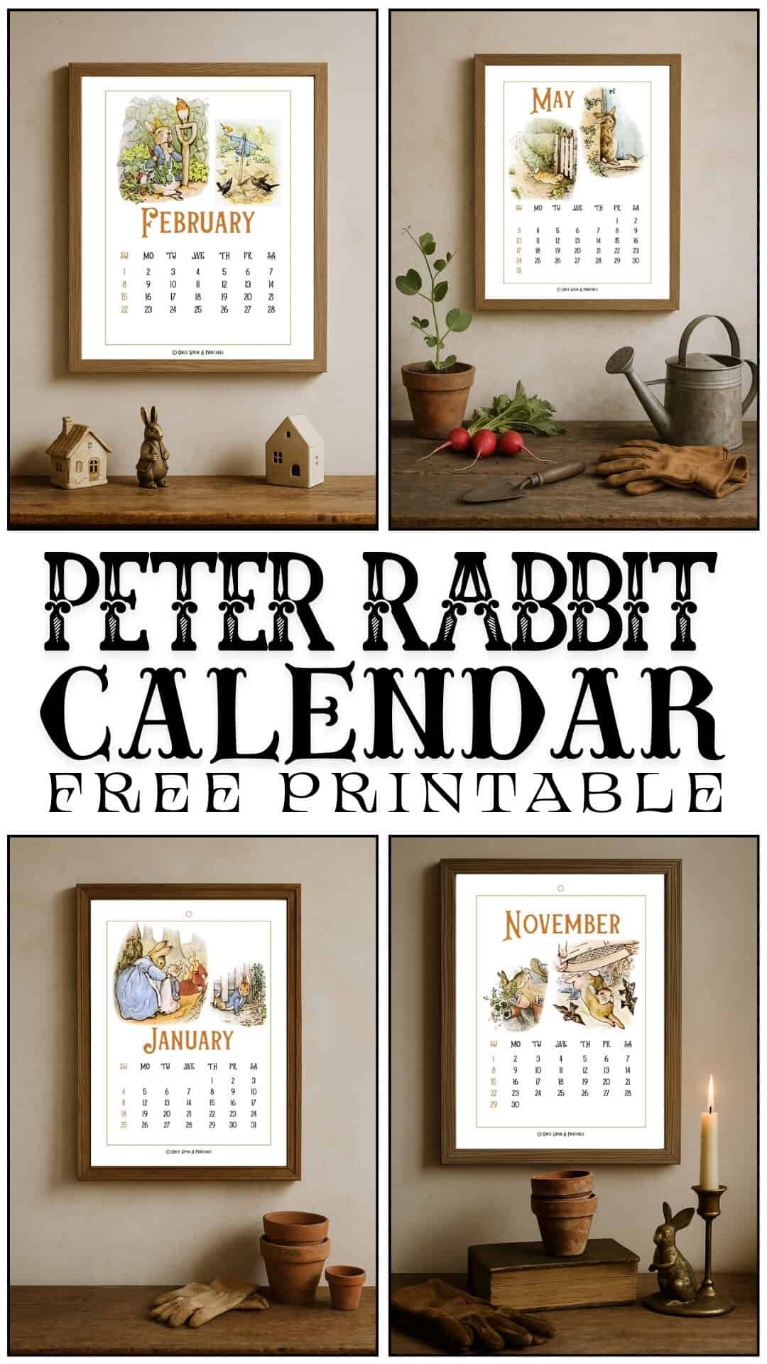 Framed Peter rabbit themed calendar with original illustrations, March.