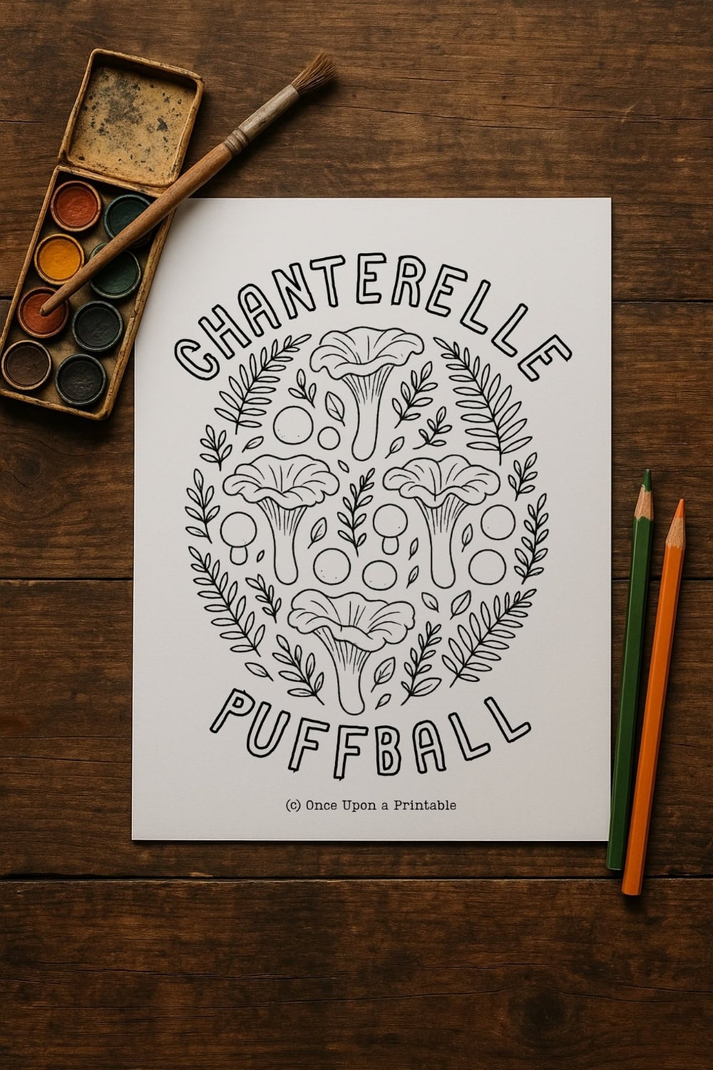 Chanterelle and puffball mushroom mandala coloring page. 
