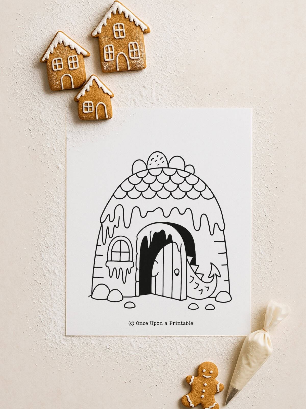 Dragon themed Gingerbread house coloring page.