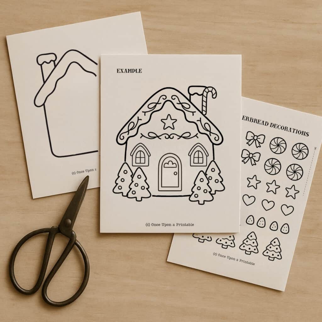 Gingerbread house craft, three pages.