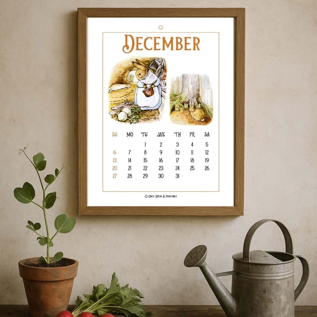 Peter Rabbit illustrated January calendar in a frame with a woman holding it next to Iris's in a vase.