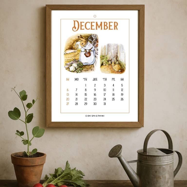Peter Rabbit illustrated January calendar in a frame with a woman holding it next to Iris's in a vase.