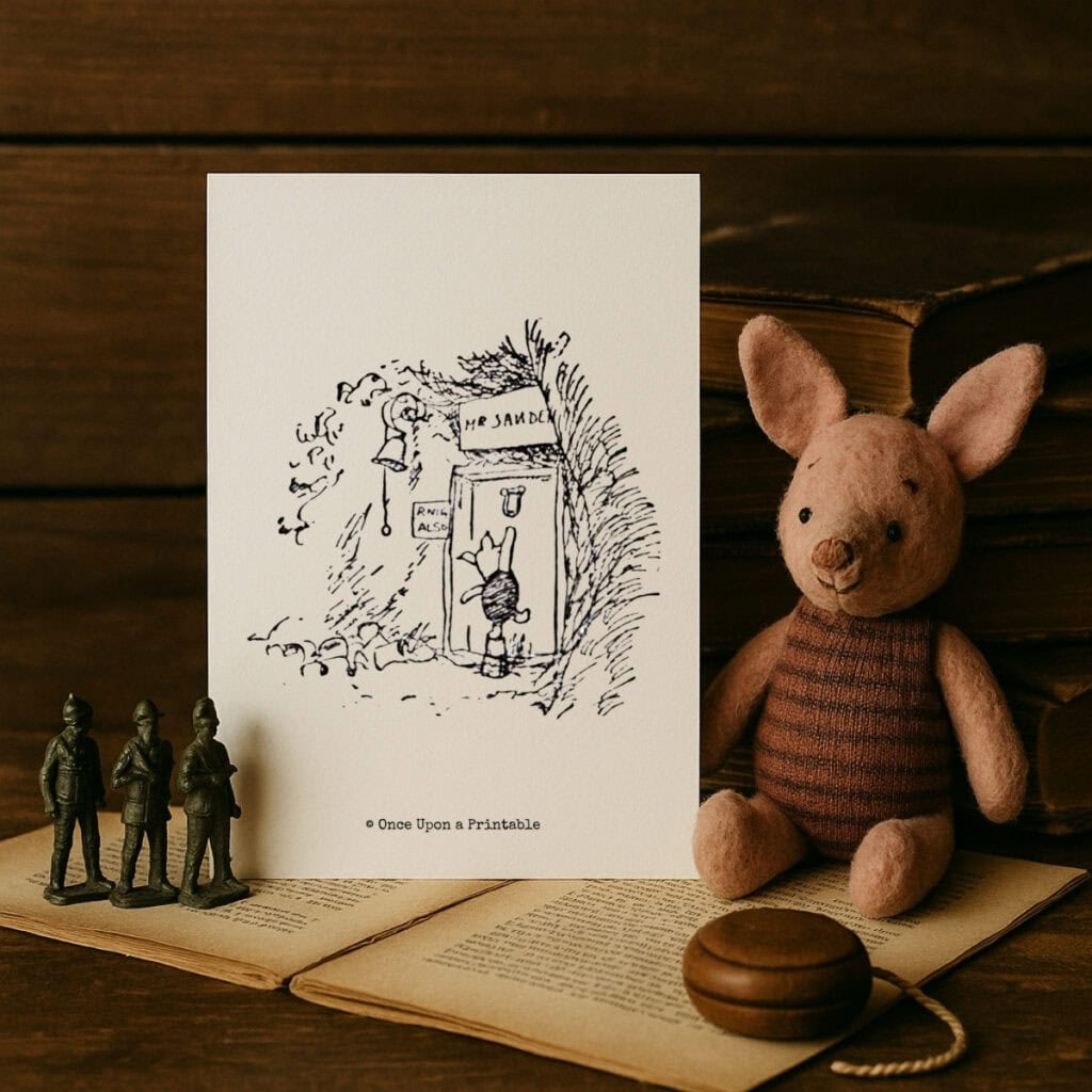 Christopher Robin illustration by E. H. Shephard, Animals pulling Pooh out of Rabbit's door hole.