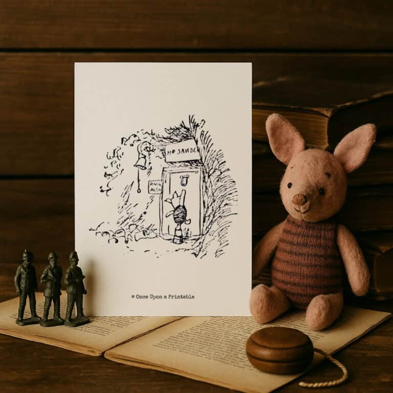 Christopher Robin illustration by E. H. Shephard, Animals pulling Pooh out of Rabbit's door hole.