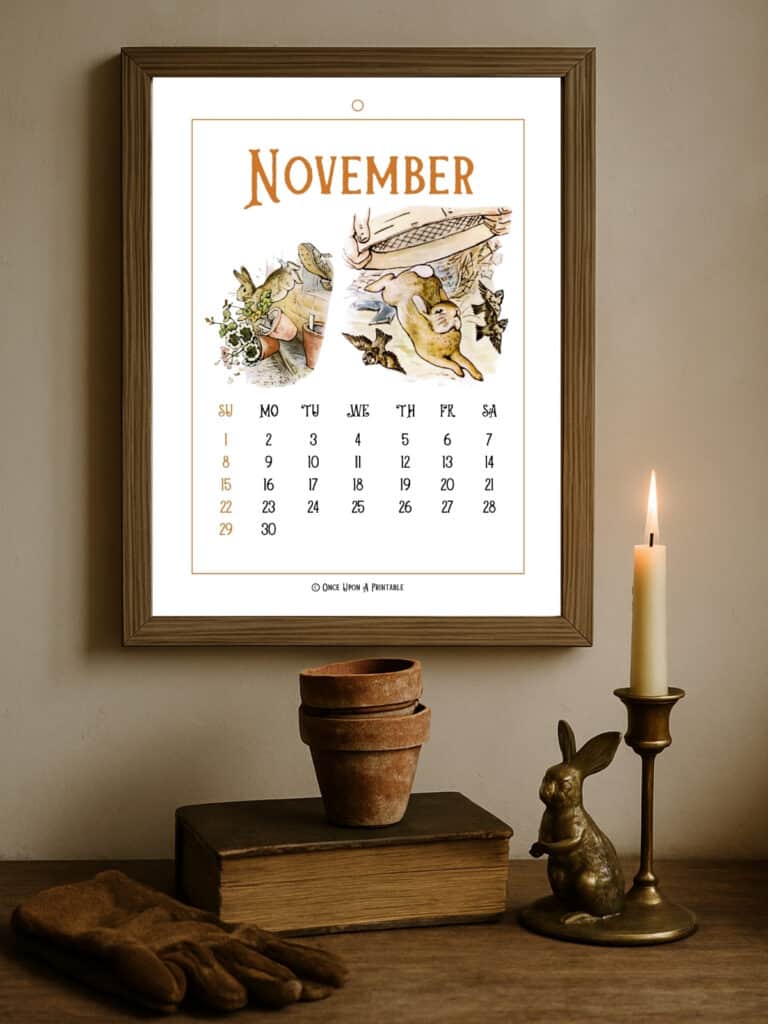Fun colorful Peter Rabbit illustrated calendar of October for 2025 framed.