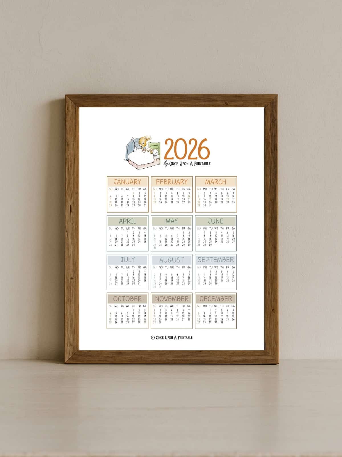 Peter Rabbit themed "year at a glance" calendar framed.