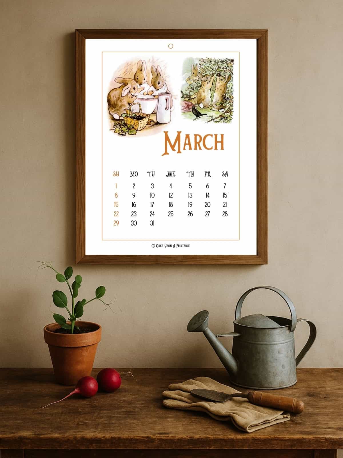 Framed Peter rabbit themed calendar with original illustrations, March.