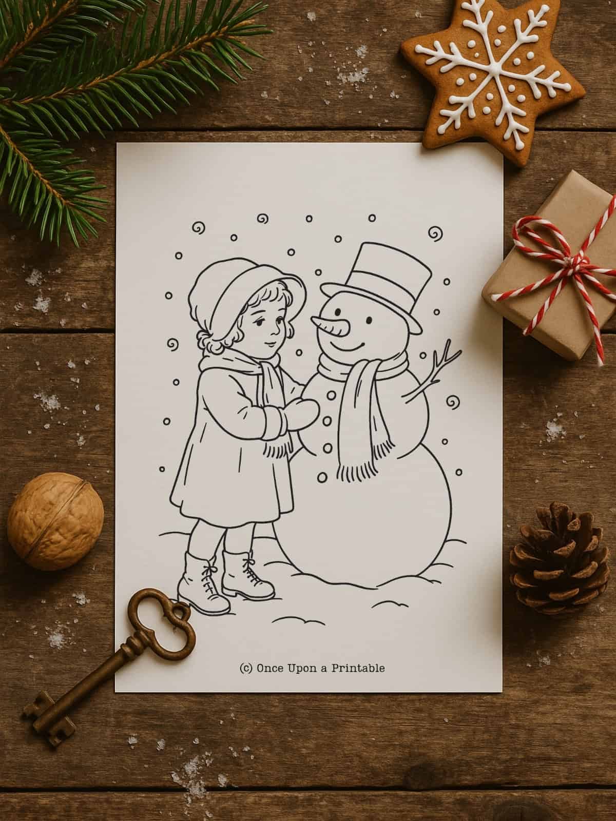 Snowman coloring pages with little girl building a snowman.