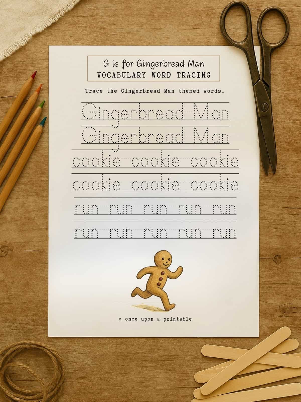 Gingerbread man vocabulary word tracing printables.