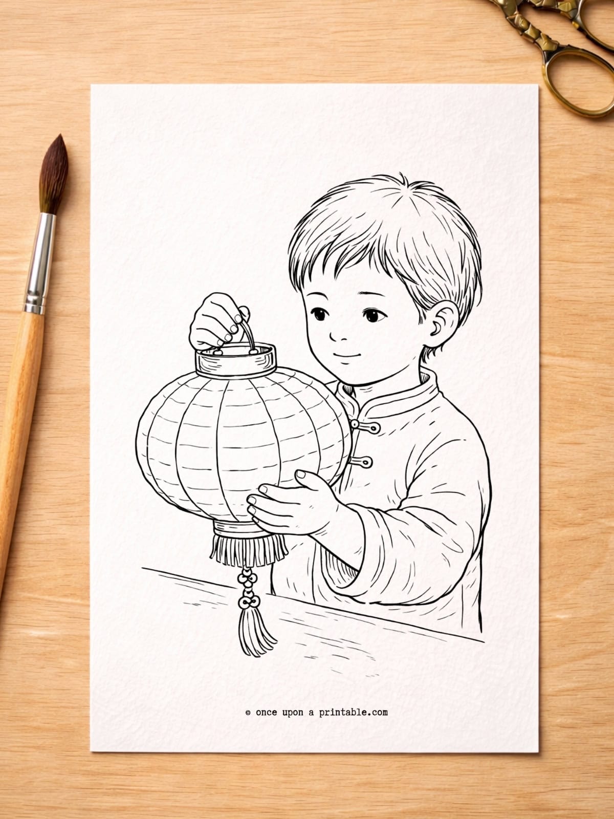 Chinese new year coloring pages with a little boy and a lantern.