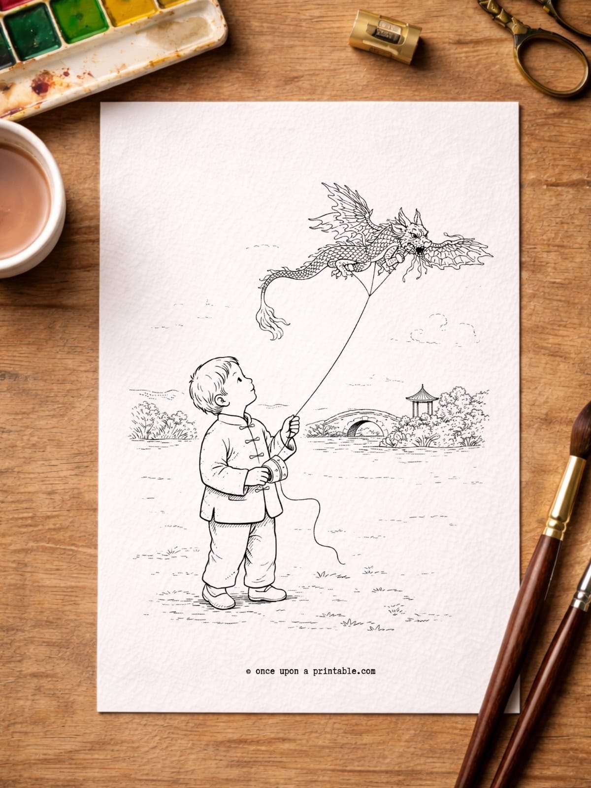 Chinese new year coloring pages a boy flying a dragon kite.