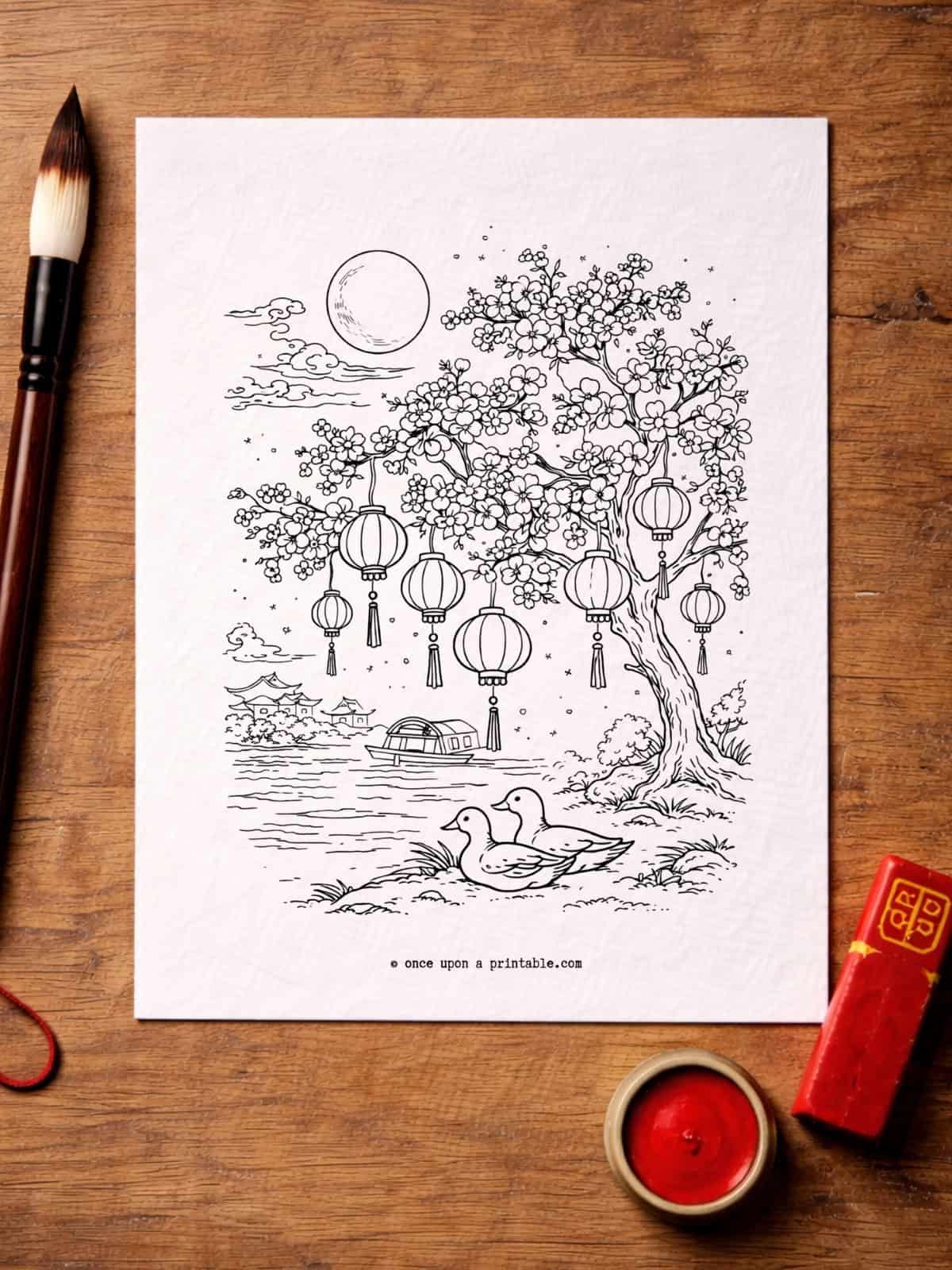 Chinese new year coloring pages with a water scene, boats, ducks, and a cherry blossom tree with lanterns.