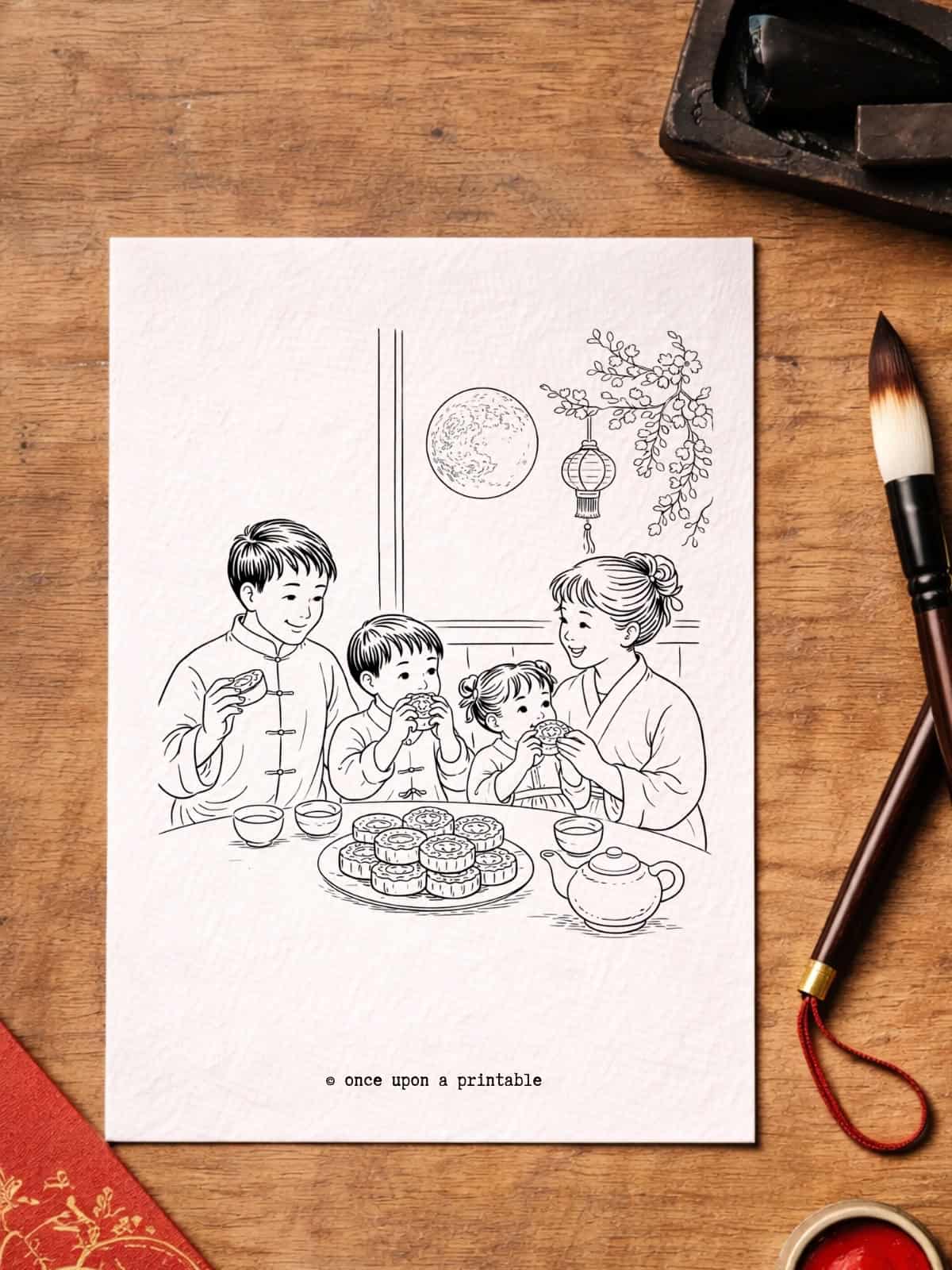 Chinese new year coloring pages with a family enjoying moon cakes.