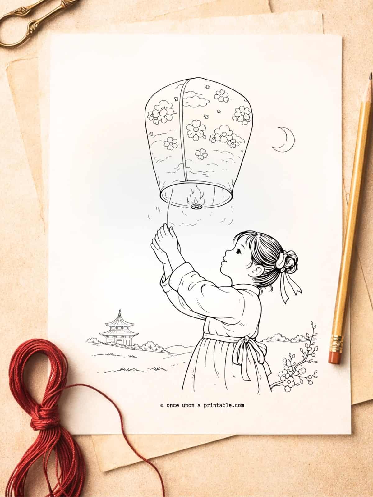 Chinese new year coloring page of a girl with a lantern.