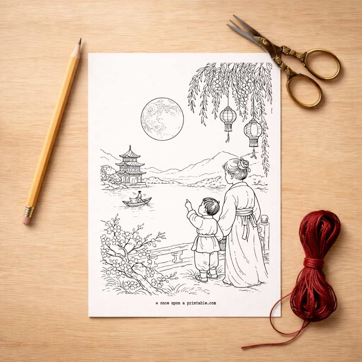 Chinese new year coloring pages with a mother and son looking at the moon.