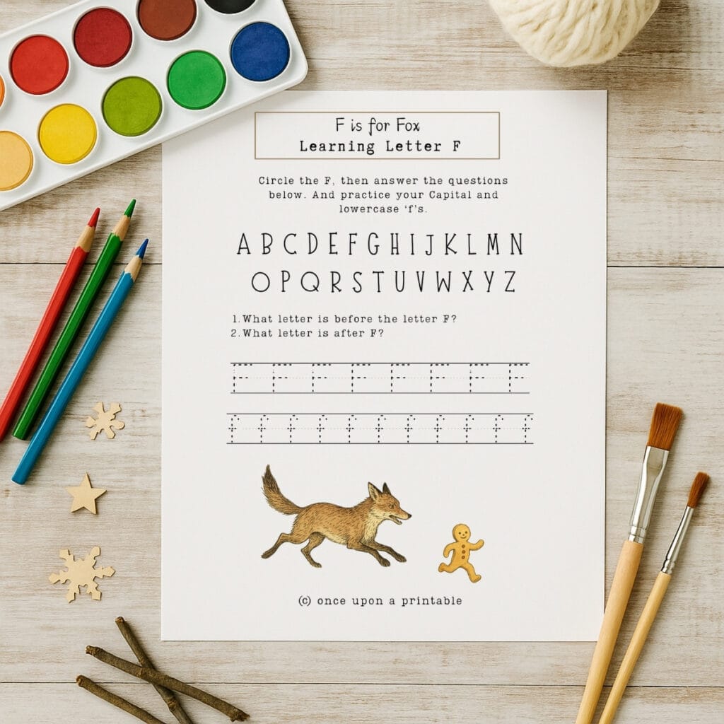 1. watercolor paint set, learning worksheet for letter F, kids educational activity for preschool and kindergarten, printable alphabet practice for children.