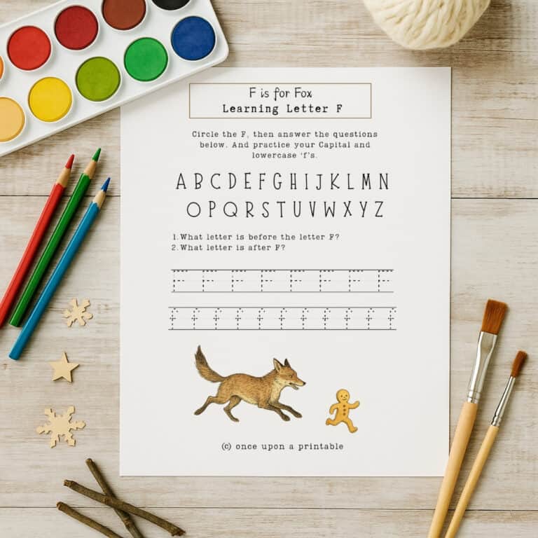 1. watercolor paint set, learning worksheet for letter F, kids educational activity for preschool and kindergarten, printable alphabet practice for children.