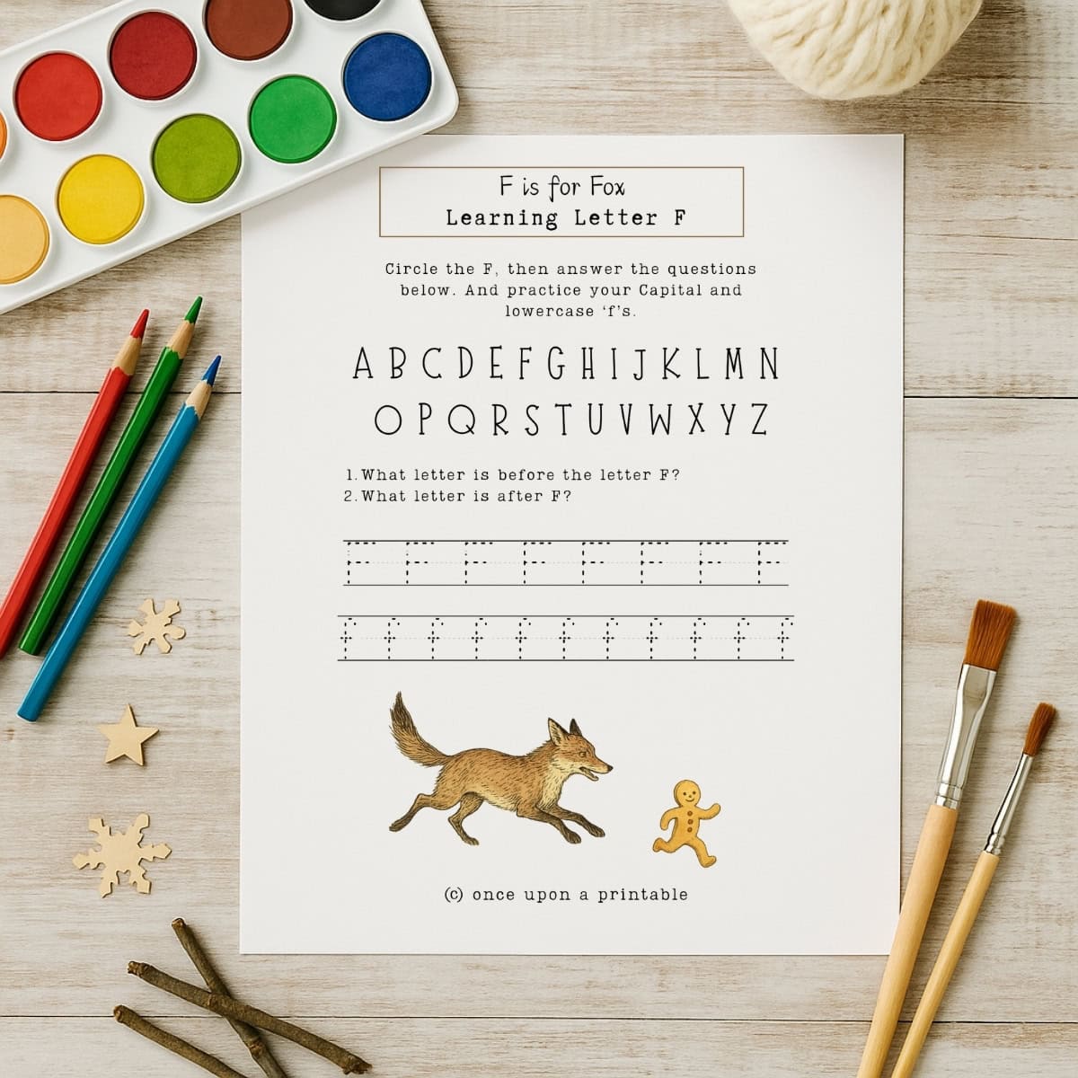 1. watercolor paint set, learning worksheet for letter F, kids educational activity for preschool and kindergarten, printable alphabet practice for children.