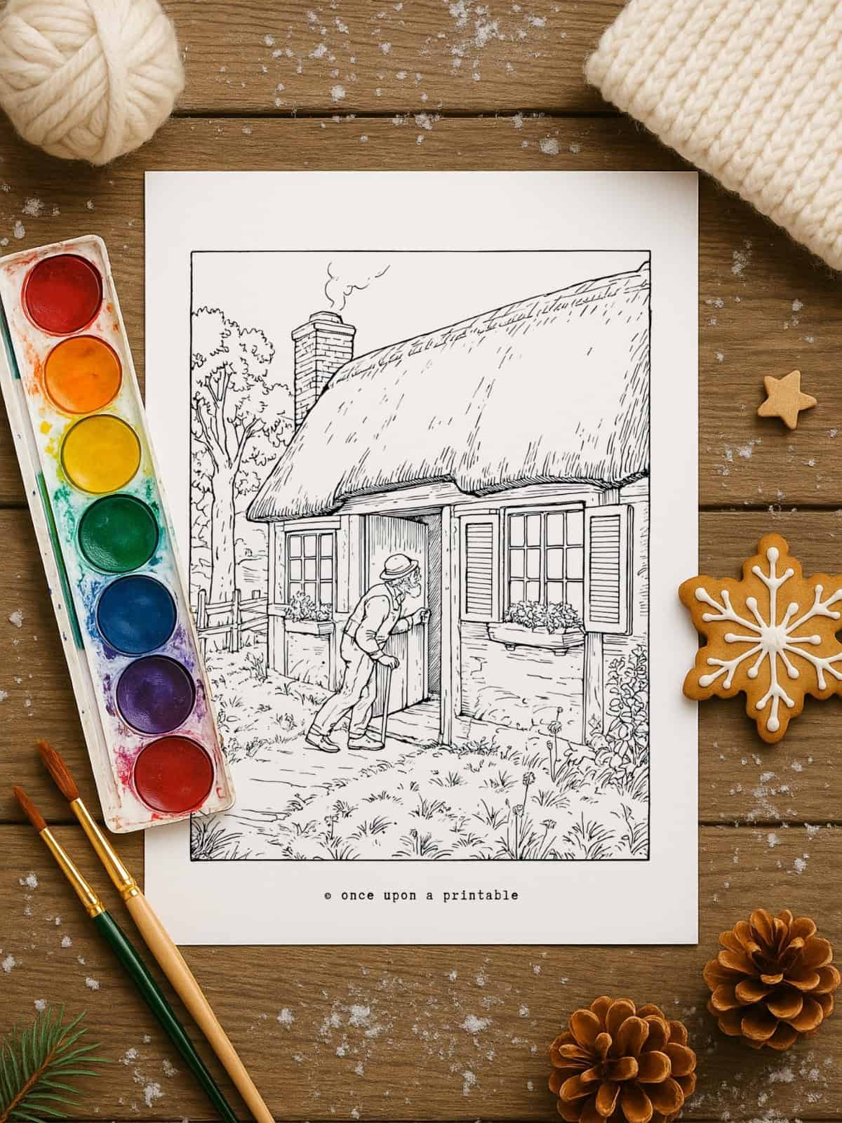 Gingerbread man coloring page with a cottage and the old man printable.