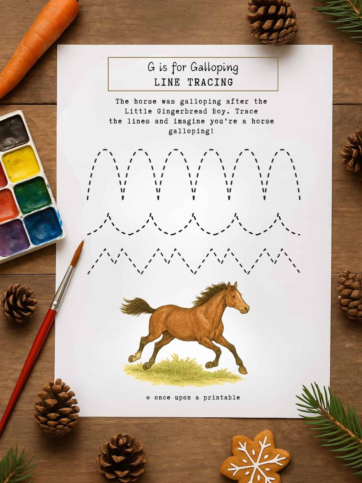 Gingerbread man line practice worksheet printable.