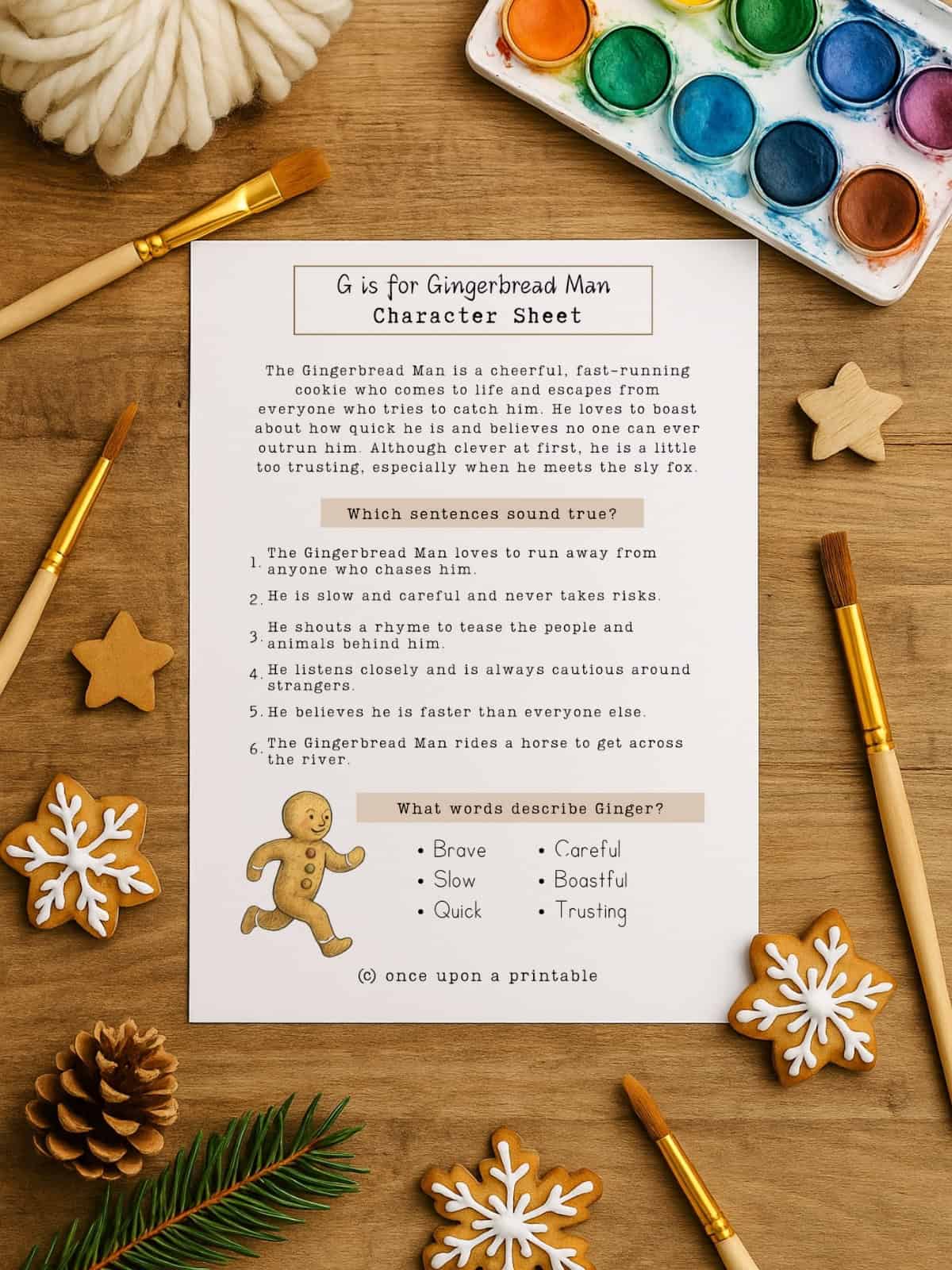 Character study for the gingerbread boy printable.
