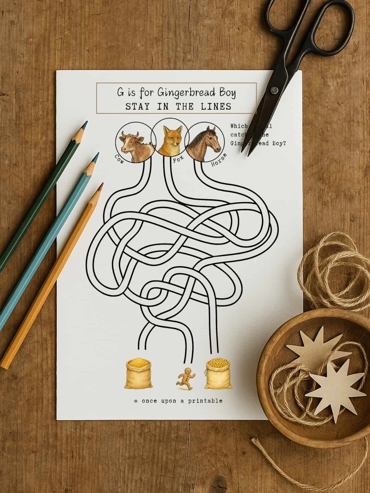 Gingerbread man printables with a worksheet of stay in the line activity.