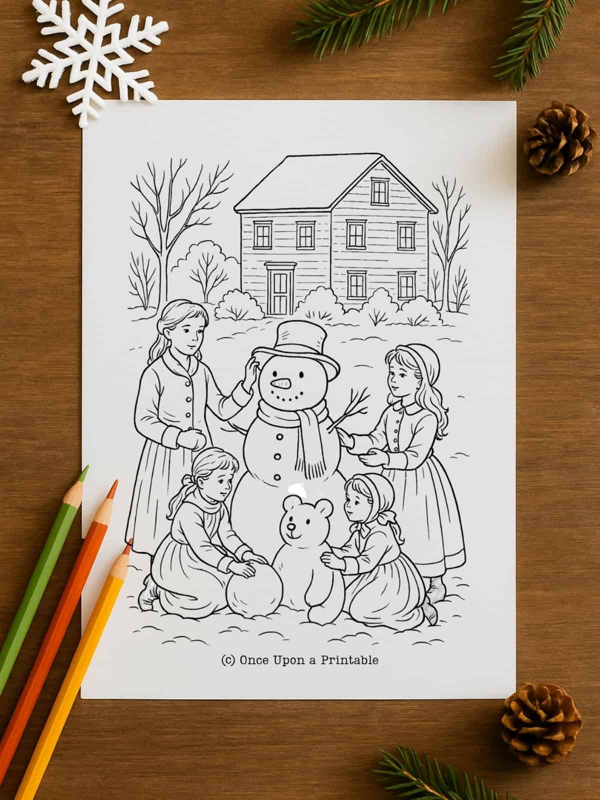 Little women coloring page with snowman.