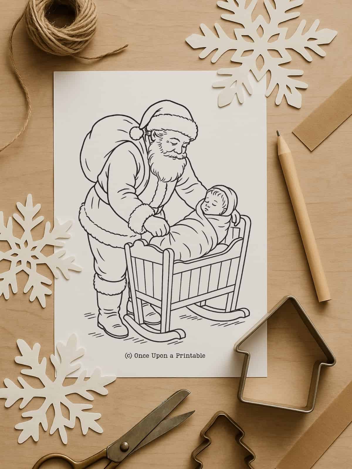 Santa claus and a baby cradle coloring page.