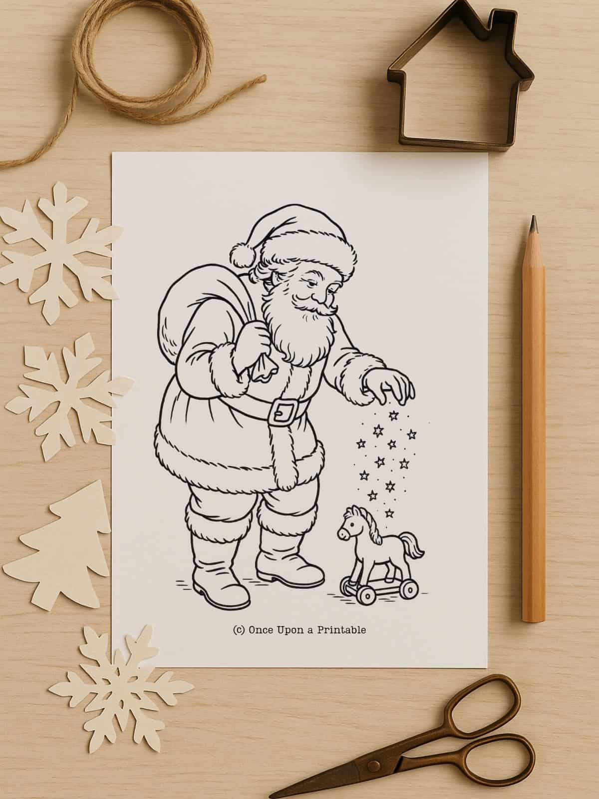 Santa sprinkling magic on a toy, coloring page.