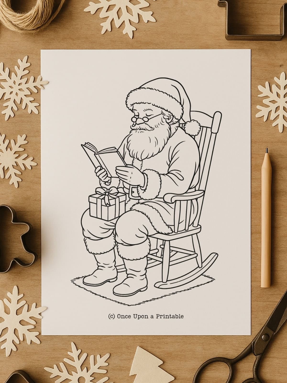 Santa reading in a rocking chair, coloring page. 