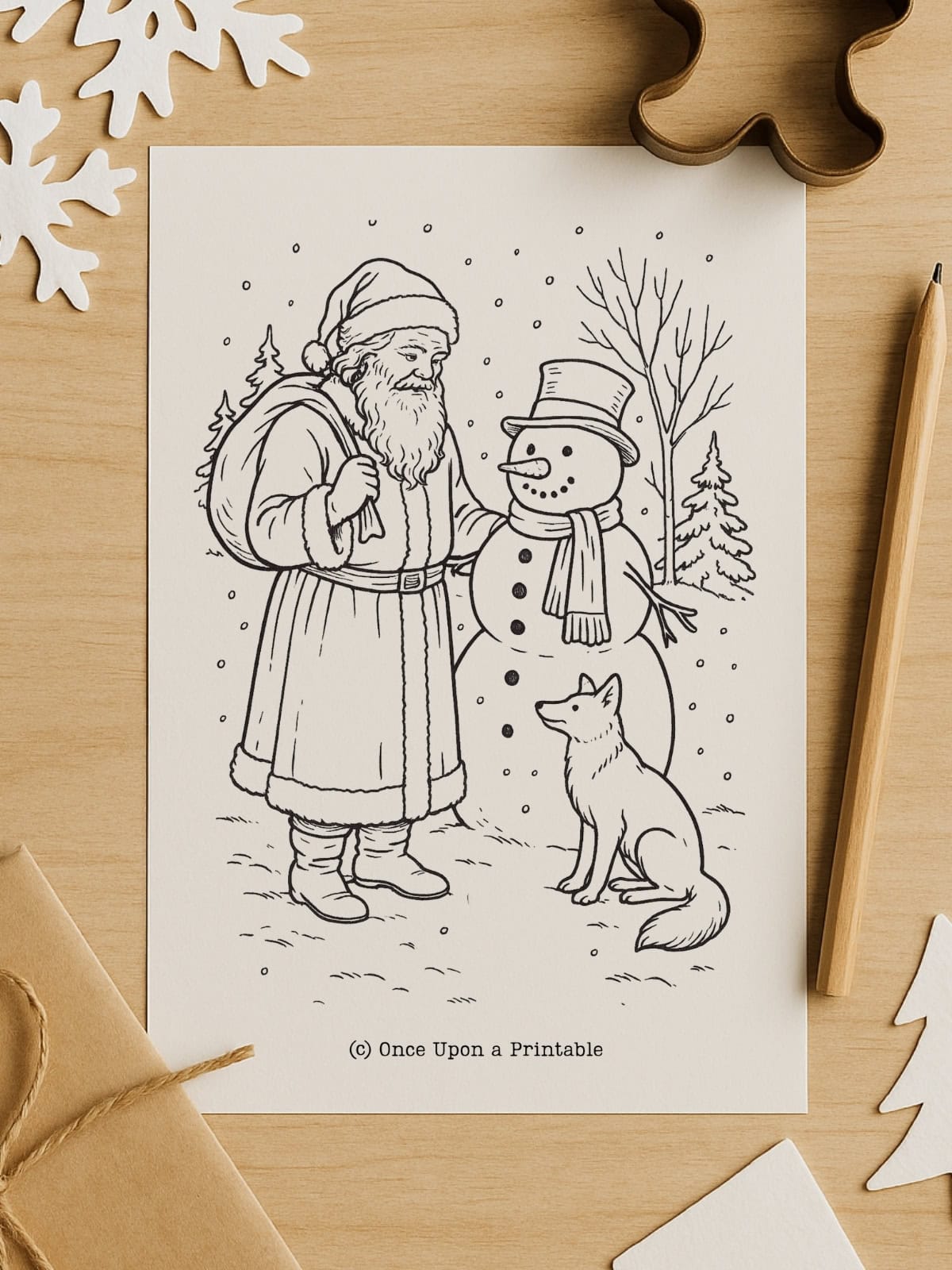 Santa and the snowman and fox coloring page. 