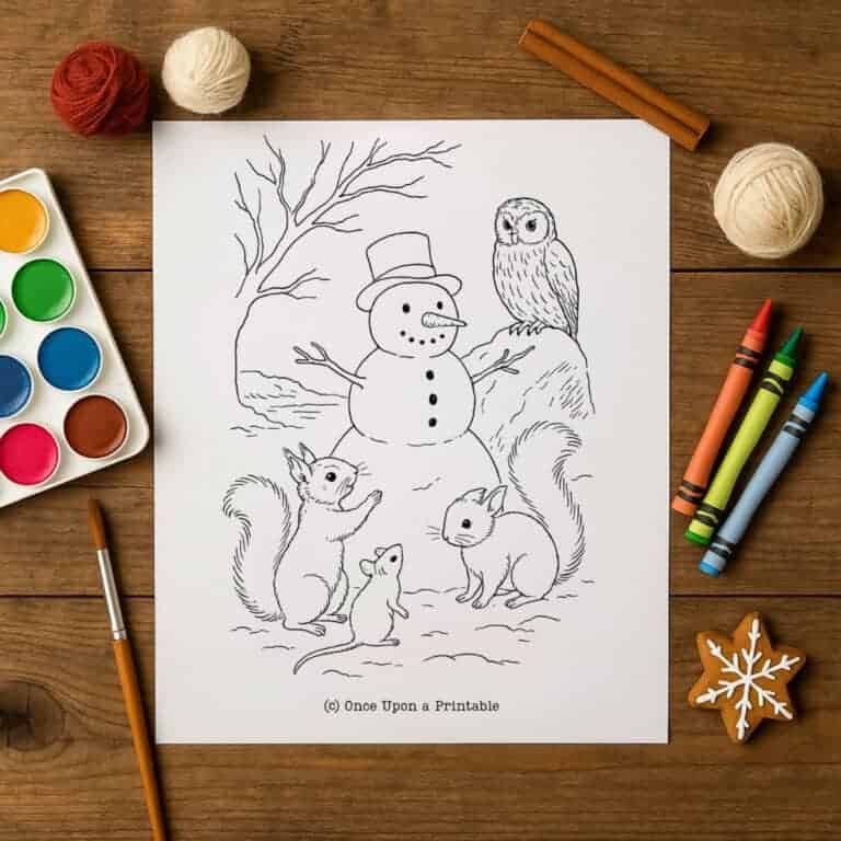 Snowman coloring page with squirrel nutkin characters.