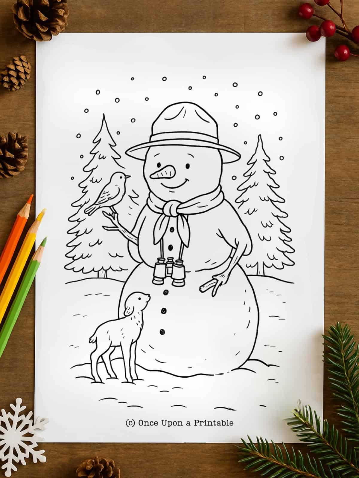 Snowman forest ranger coloring page. 