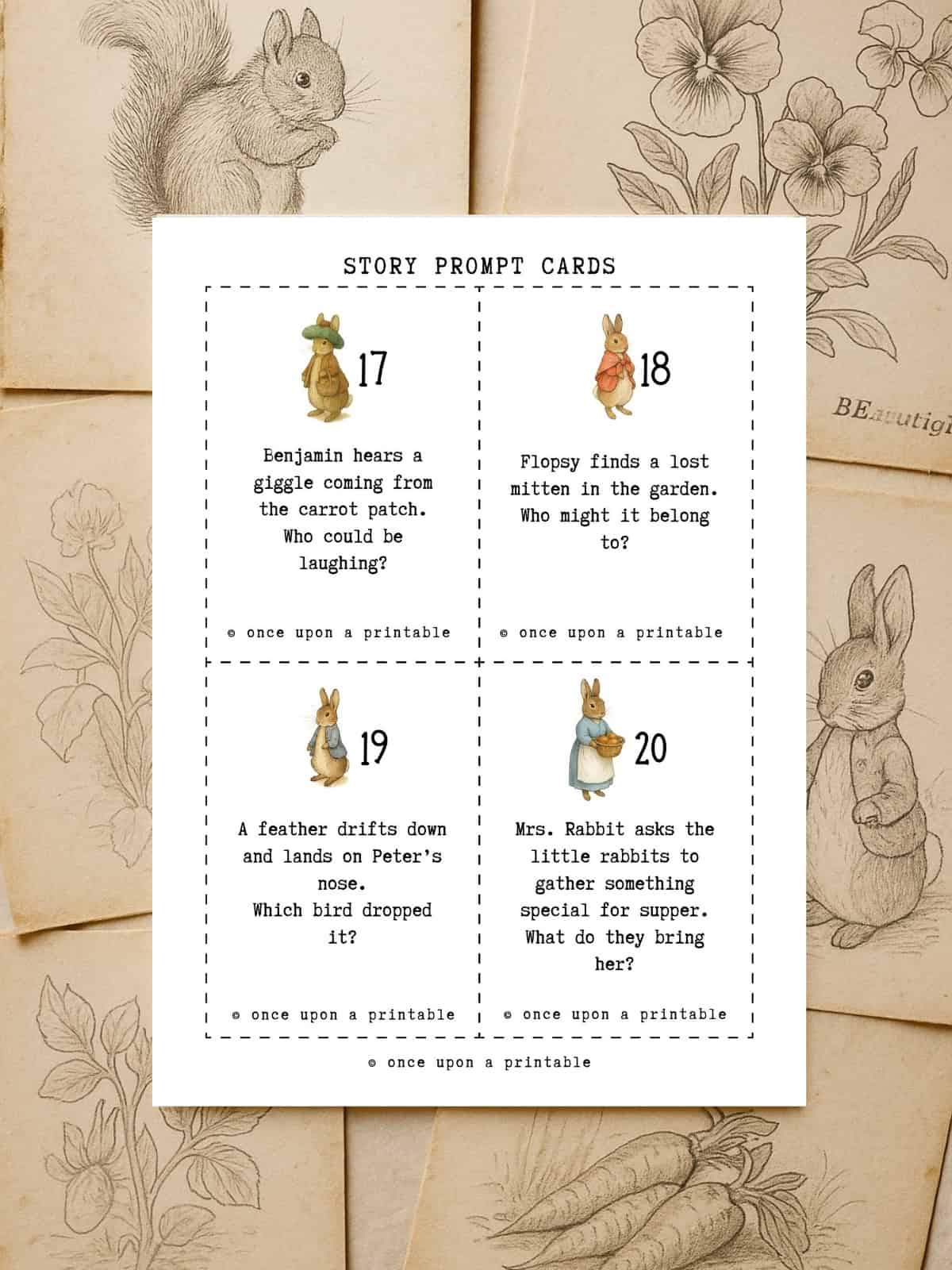 Storytelling prompt cards with a Peter Rabbit theme.