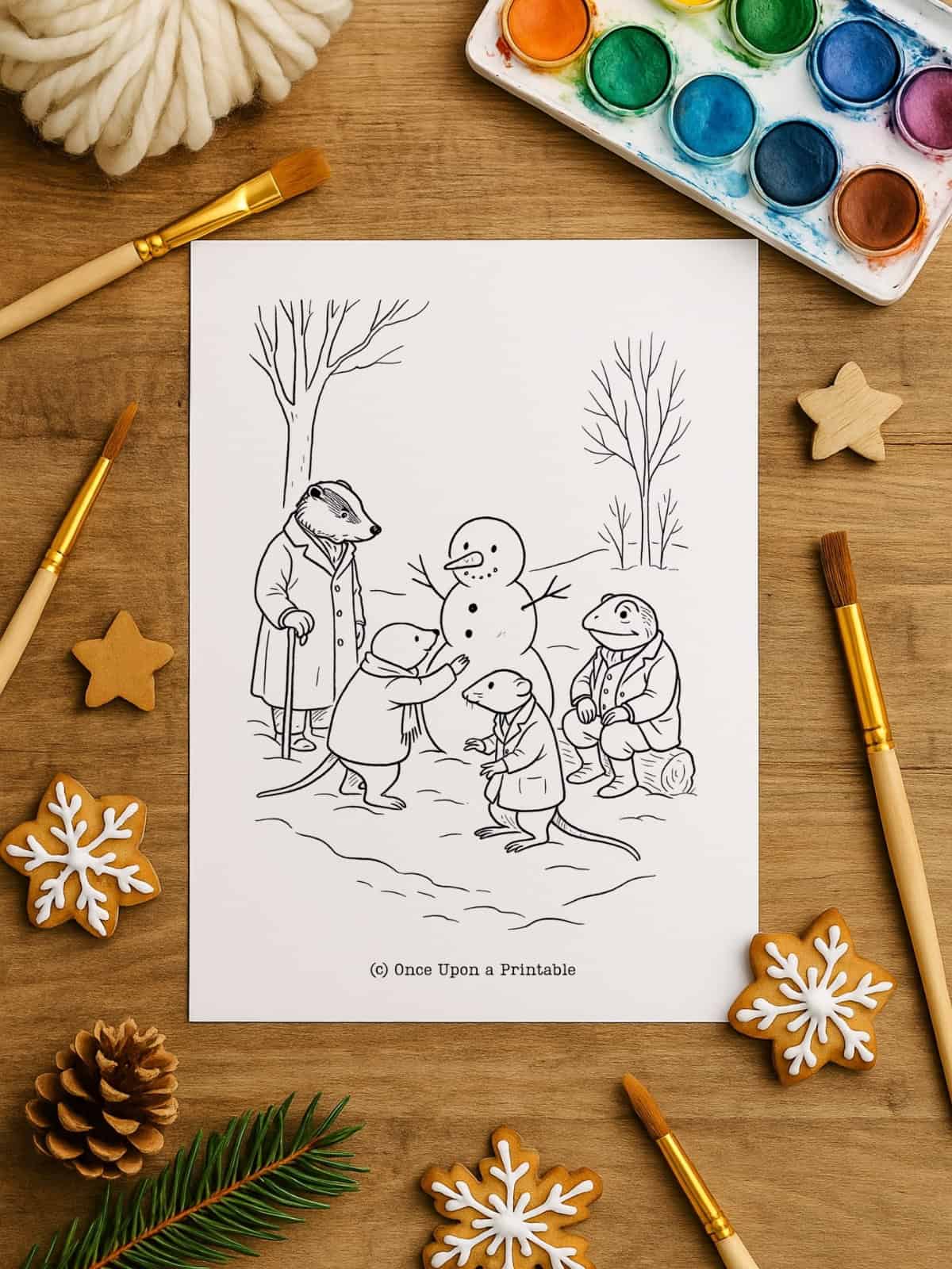 Wind in the willows coloring page snowman themed.