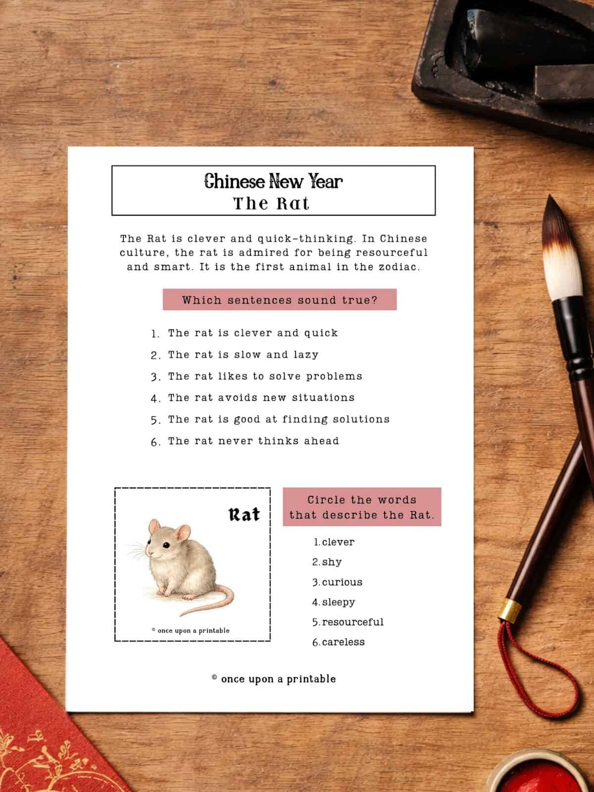 Chinese New Year animal study page with cut and paste activities.