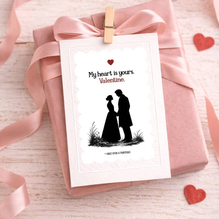 Jane Eyre Valentine's day cards on a pink wrapped gift.