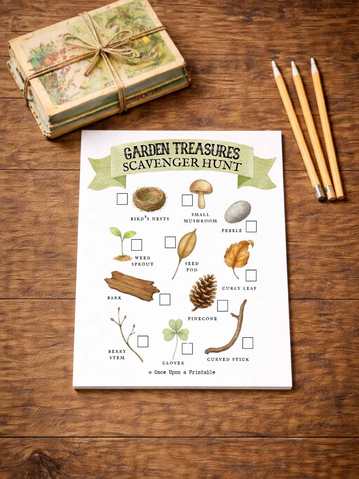 Garden treasures scavenger hunt printable for kids. 