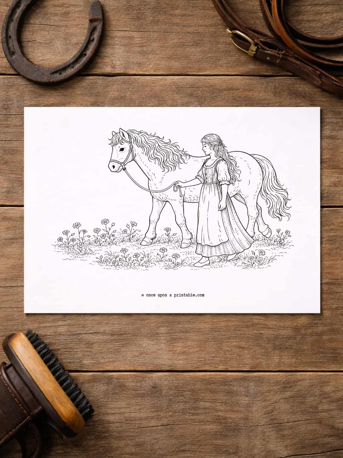Horse coloring page, a girl walking her horse in a meadow. 